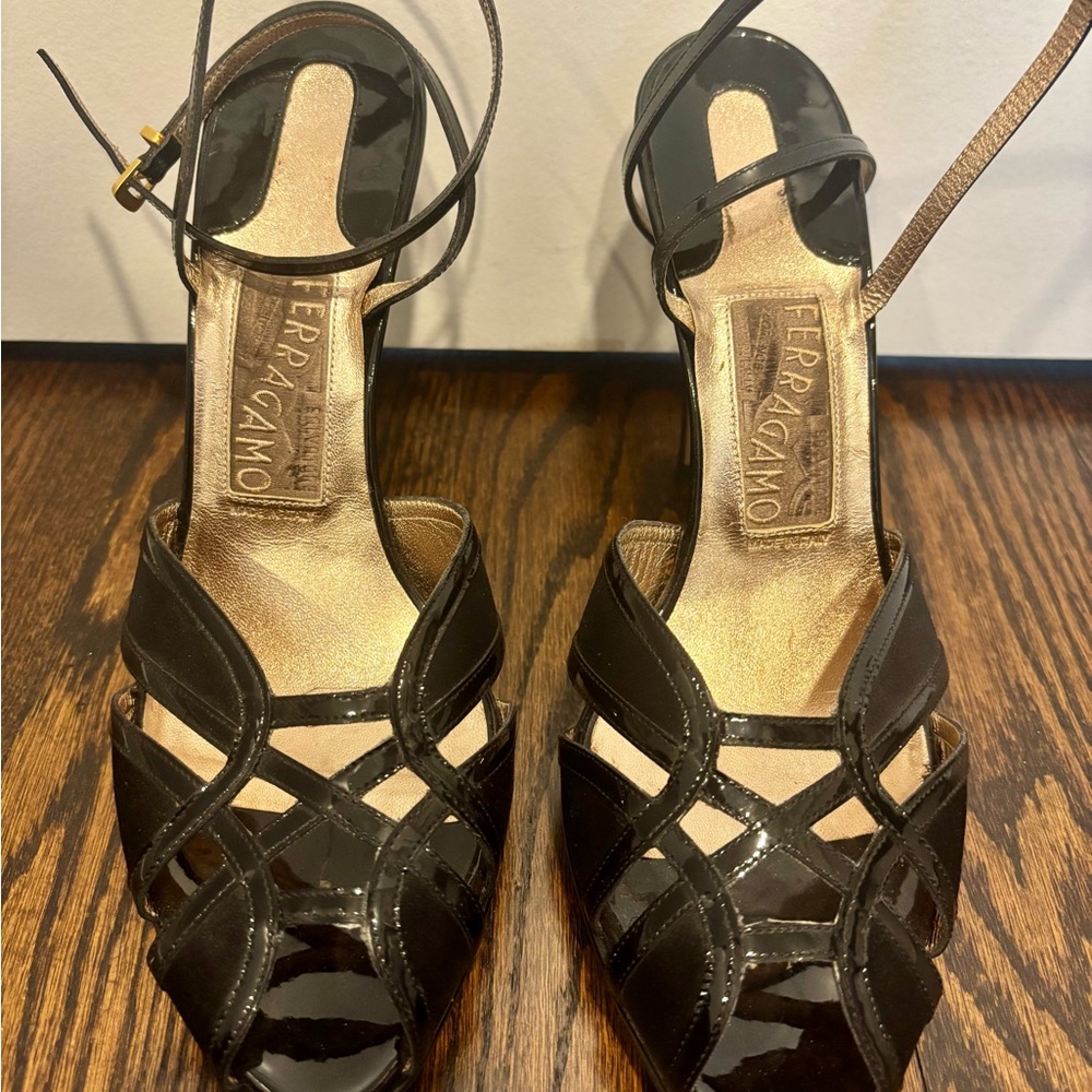 Salvatore Ferragamo Black Patent Leather and Satin Heels - Worn Once!